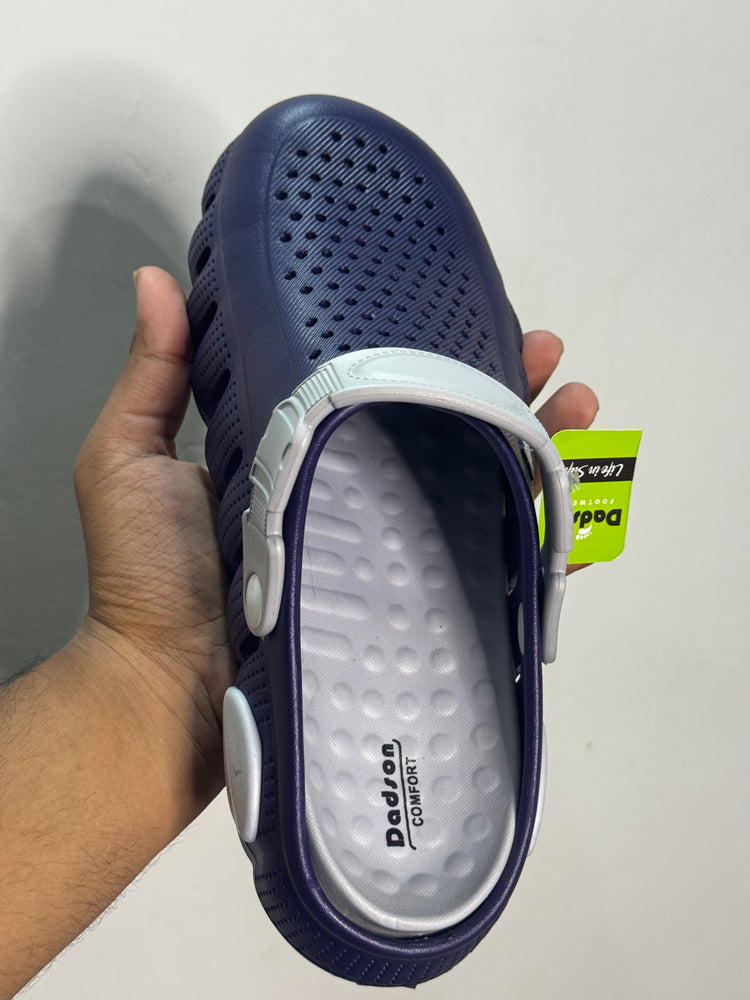 Navy-blue and white ventilated clog-style slipper with adjustable heel strap