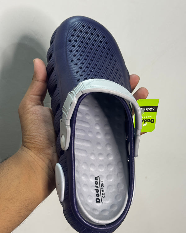 Navy-blue and white ventilated clog-style slipper with adjustable heel strap