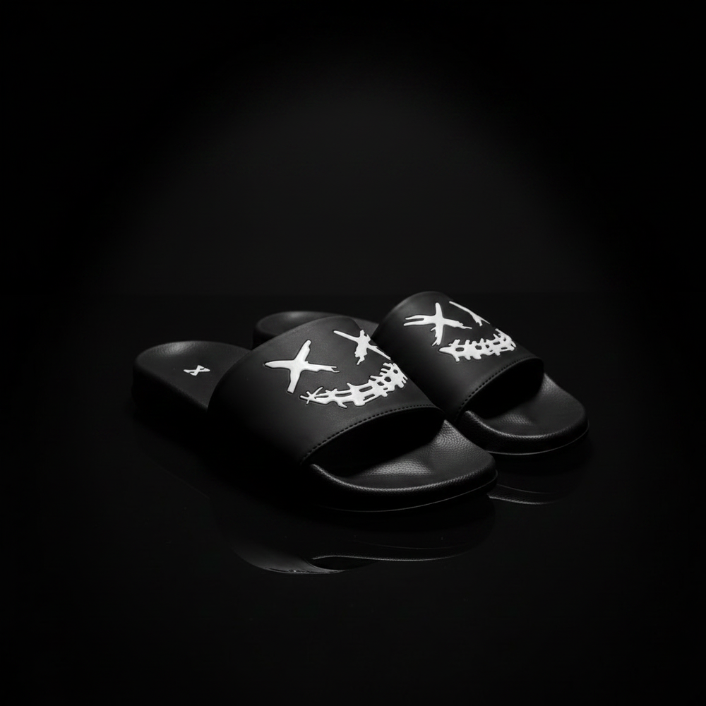Dark Smile Graphic Street Slides – Black Side View