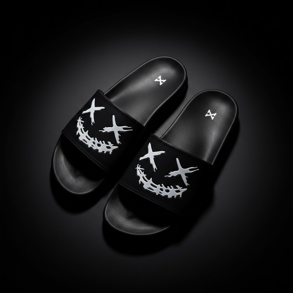 Dark Smile Graphic Street Slides – Black Front View