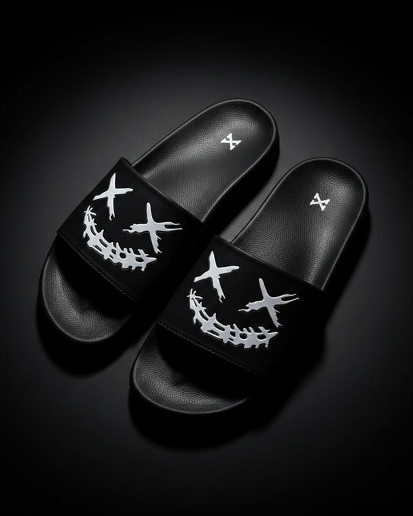 Dark Smile Graphic Street Slides – Black Front View