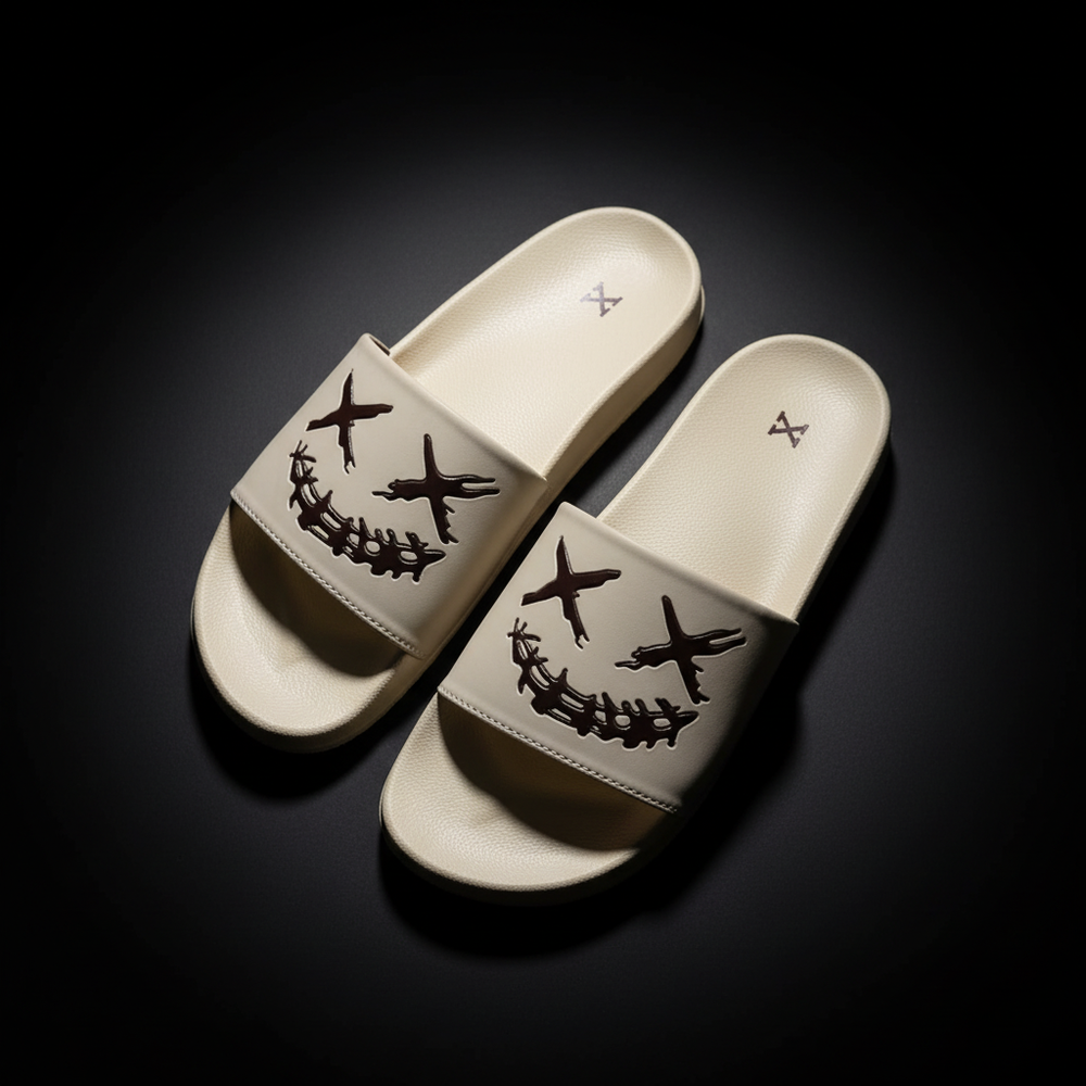 Dark Smile Graphic Street Slides – Cream Top View