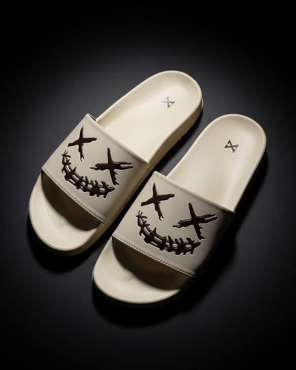 Dark Smile Graphic Street Slides – Cream Top View