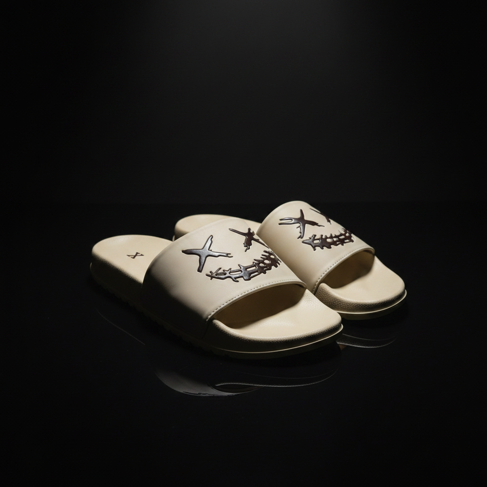 Dark Smile Graphic Street Slides – Cream Front Angle