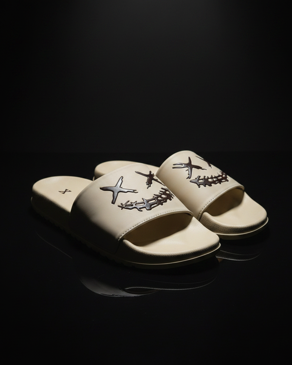 Dark Smile Graphic Street Slides – Cream Front Angle