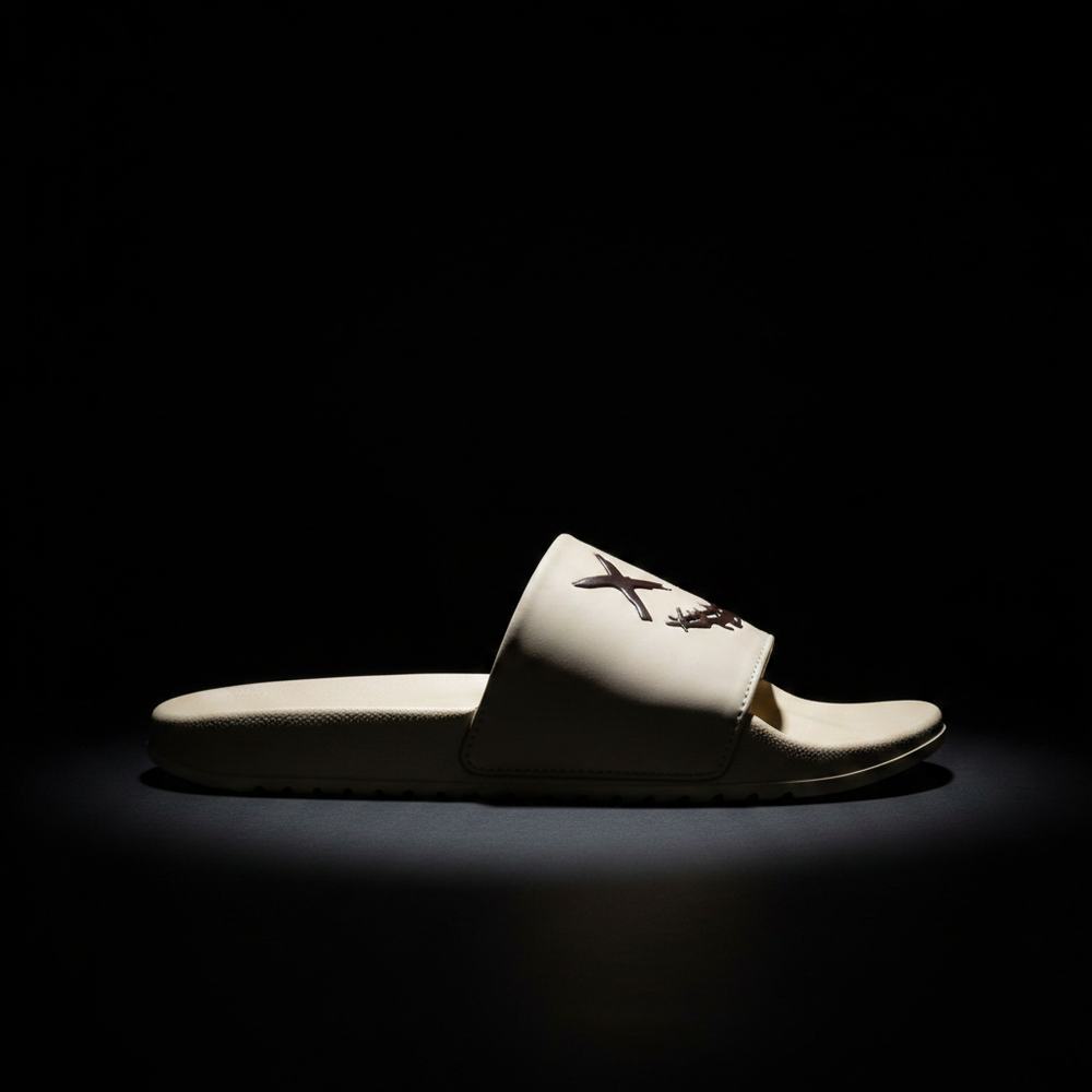 Dark Smile Graphic Street Slides – Cream Side Profile