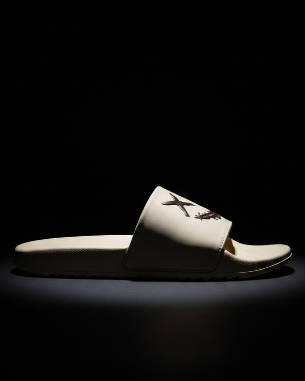 Dark Smile Graphic Street Slides – Cream Side Profile